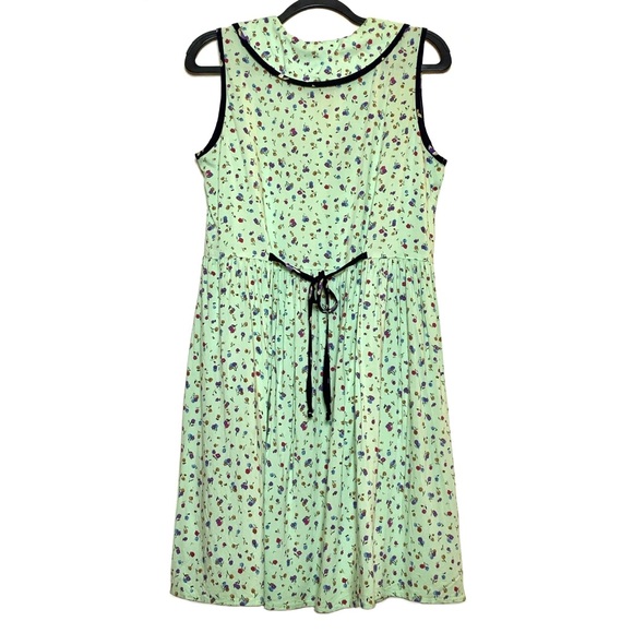 Vintage 1980s light green floral sleeveless collared dress size L - Picture 3 of 15